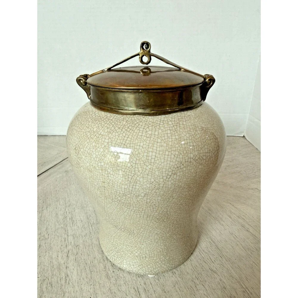 Vintage 1980s Tozai Faux Shagreen Crackle Porcelain & Bronze Ginger Jar Urn